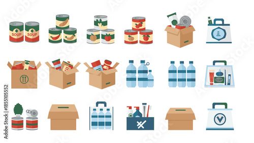 Resourceful Relief: A variety of essential goods like canned food, packaged items, and bottles of water are arranged to show aid support.