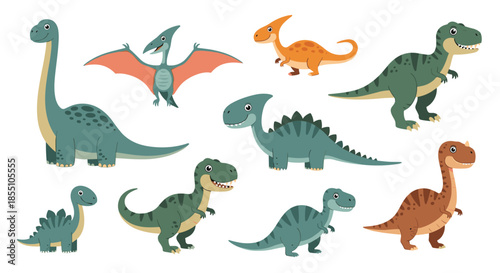Comprehensive set of cute cartoon dinosaurs including a T-Rex and Longneck provides a fun educational resource for children to learn about prehistory.