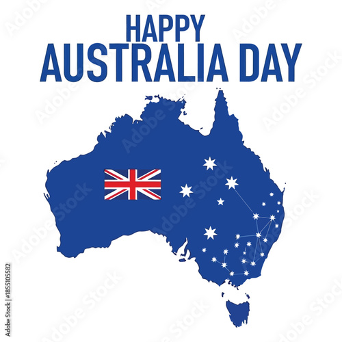 Minimalist flat graphic of Australia Day with royal blue continent silhouette Union Jack and Southern Cross stars