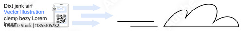 Cloud technology, data exchange, storage solutions, digital security, connectivity, file sharing. Smartphone with QR code sending data to cloud illustrated with arrows. Cloud technology and data