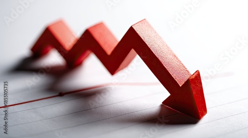 Downward trend: A stark red arrow points downwards, symbolizing decline or regression. it's ideal for illustrating concepts of financial downturn, falling sales, or negative trends.