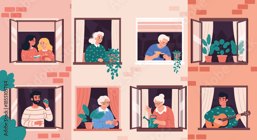 Neighbors looking out of their apartment windows in a multi-story building represent community life, urban living, and social interactions at home.