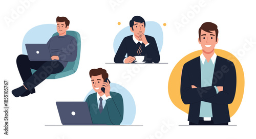 Businessman shown in different professional scenarios like working on a laptop, taking calls, and drinking coffee highlights modern work life.