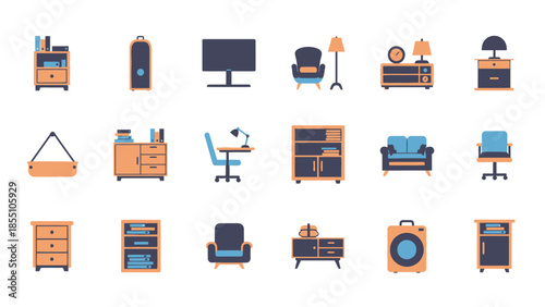 Collection of modern furniture and office items icons.