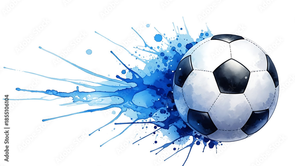 Fototapeta premium A soccer ball with a blue paint splash on a transparent background