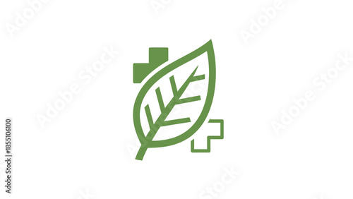 Green Leaf with Plus Signs Symbolizing Health and Nature.