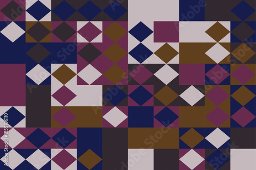 Vibrant geometric pattern with purple, blue, and brown squares and diamonds