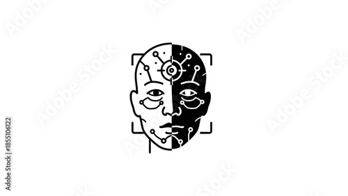 Human Face Divided Between Organic and Technological Elements.