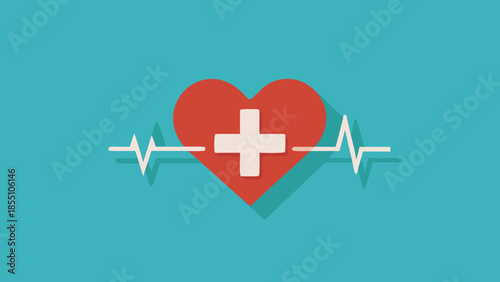 Clean flat vector of medical cross with heart and pulse line, modern healthcare and medical service concept.
