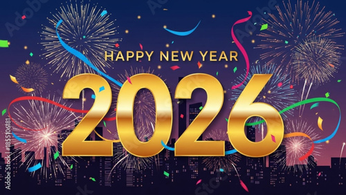 Happy new year 2026 gold text with colorful fireworks exploding in night sky over cityscape