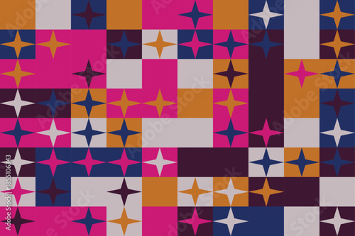 Vibrant geometric pattern with colorful squares and star shapes in pink, blue, and orange hues