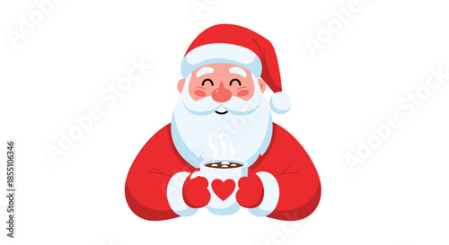 Friendly santa claus character with a white beard wearing a red suit and hat while holding a warm mug of hot cocoa with a heart.