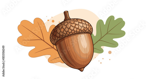 Large brown acorn with a textured cap displayed between two colorful autumn oak leaves in shades of orange and green on a light base.