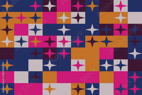 Vibrant geometric pattern with colorful squares and stars