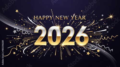 Happy new year 2026 celebration with gold fireworks and confetti on dark background