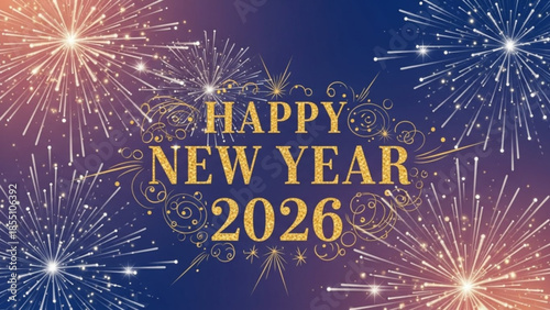 Happy new year 2026 celebration with colorful fireworks and gold text on purple background