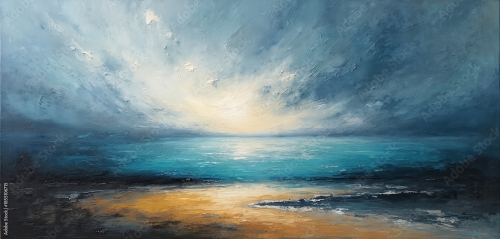 Fototapeta premium Abstract seascape with textured impasto technique. Wide ocean expanse under dramatic cloudy sky. Sandy shore features rich ochre and dark tones. Sunlight breaks through.