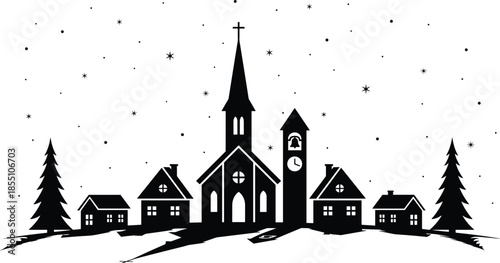 Christmas village church silhouette illustration with clock tower and starry sky black white vector peaceful winter holiday design