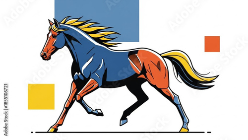 Vibrant running horse with yellow mane and tail, colorful illustration on white background with geometric shapes