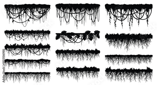 Various black silhouettes of hanging jungle vines and tropical liana plants create a dense forest foliage border effect for design.