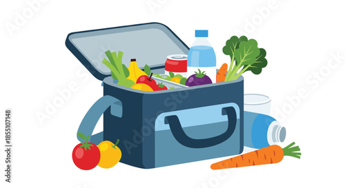 Blue insulated lunch bag is packed with various healthy foods including fresh vegetables, fruits, a water bottle, and snacks.