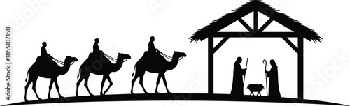 Nativity scene silhouette illustration with three wise men camels approaching manger black white vector isolated Christian Christmas design