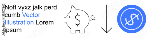 Personal finance, investment, economic crisis, budget management, business analysis, savings decrease. A piggy bank, dollar sign and downward arrow. Personal finance and economic crisis concepts