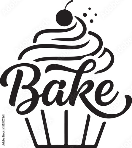 Charming black and white cupcake 'bake' typography logo with cherry and sprinkles