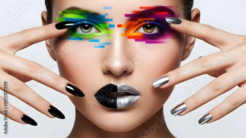 Striking Modern Beauty Portrait Featuring Vibrant Glitch Art Eye Makeup and Bold Contrasting Two-Tone Lips and Nails, Showcasing Artistic Expression