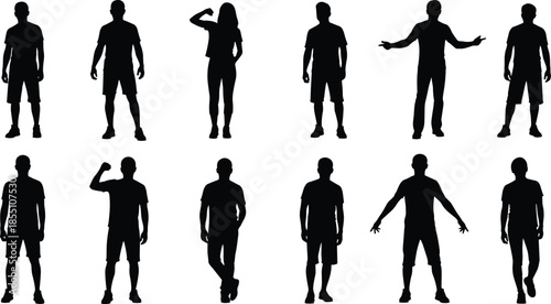 Set of sixteen black silhouettes of people standing in casual poses, diverse male and female figures for architectural rendering and design,