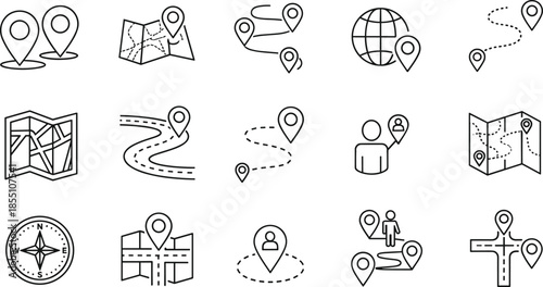 Set of 16 minimalist navigation line icons, featuring map pins, GPS location markers, travel routes, world globe, compass, road paths, and destination symbols.