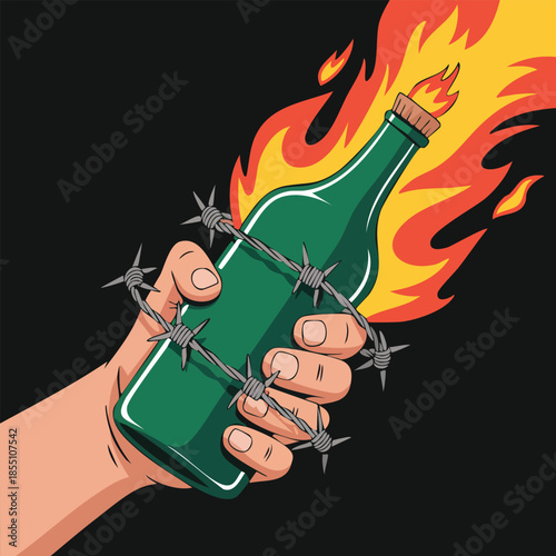 Burning Bottle Hand Gripped by Barbed Wire.