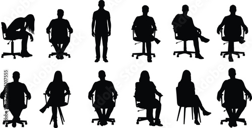 Set of twelve black silhouettes of men and women sitting in modern chairs, various professional and relaxed seated poses for architectural,