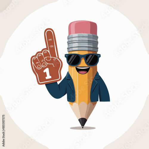 Cartoon Pencil Character With Foam Finger Pointing Up.