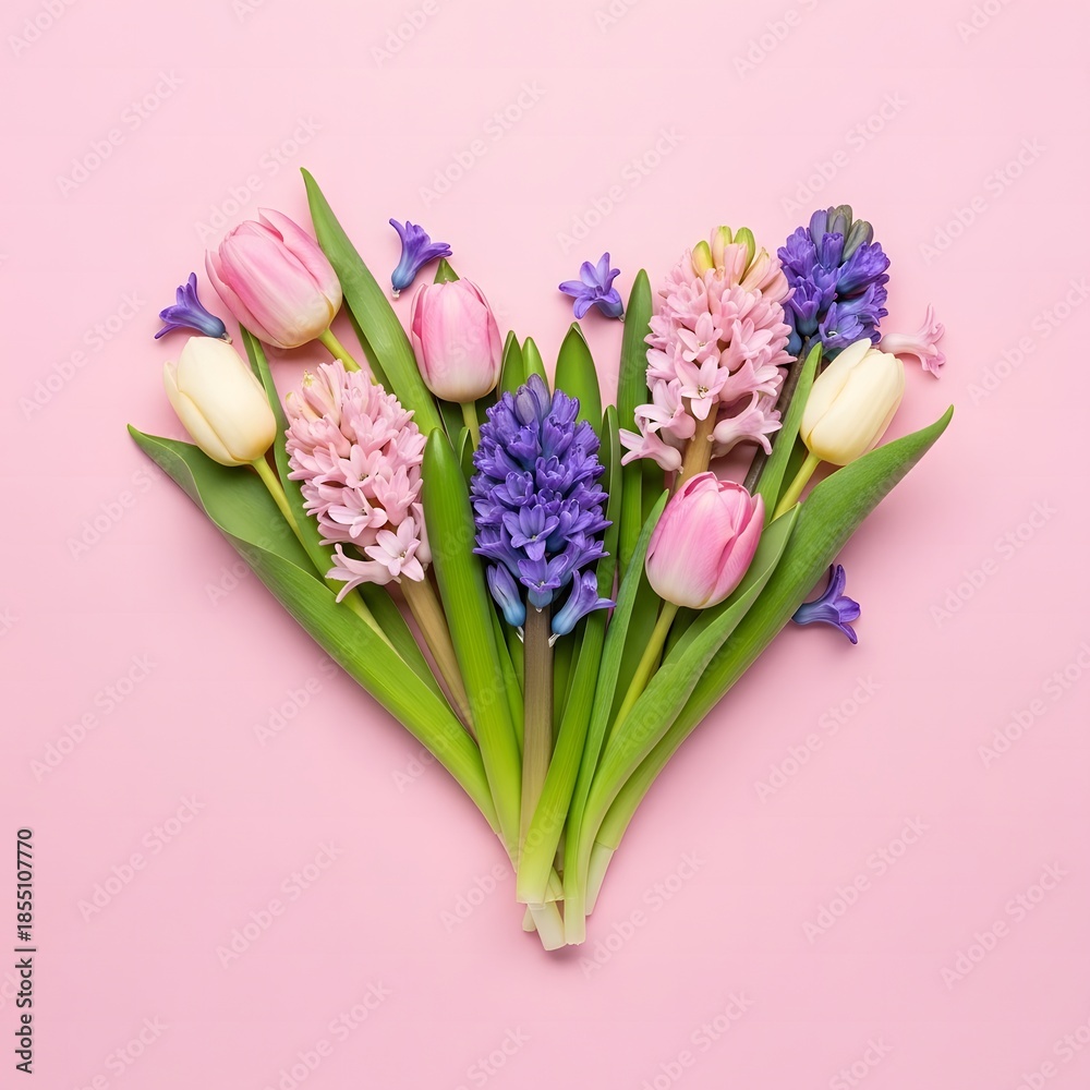 Fototapeta premium Heart Shape Arrangement Of Tulips And Hyacinths On Pink Background flowers floral arrangement
