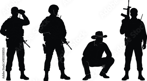 Military soldier silhouettes vector illustration armed forces tactical operators standing crouching isolated on white background for security defense design use