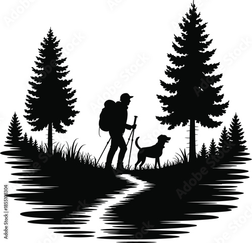 Hiker and Dog Trekking Forest