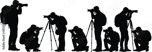 Photographer silhouettes capturing moments with cameras and tripods studio photography teamwork concept isolated black vector illustration creative professional media design