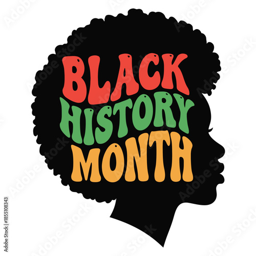 Retro flat illustration of a Black silhouette with voluminous Afro featuring colorful psychedelic Black History Month lettering