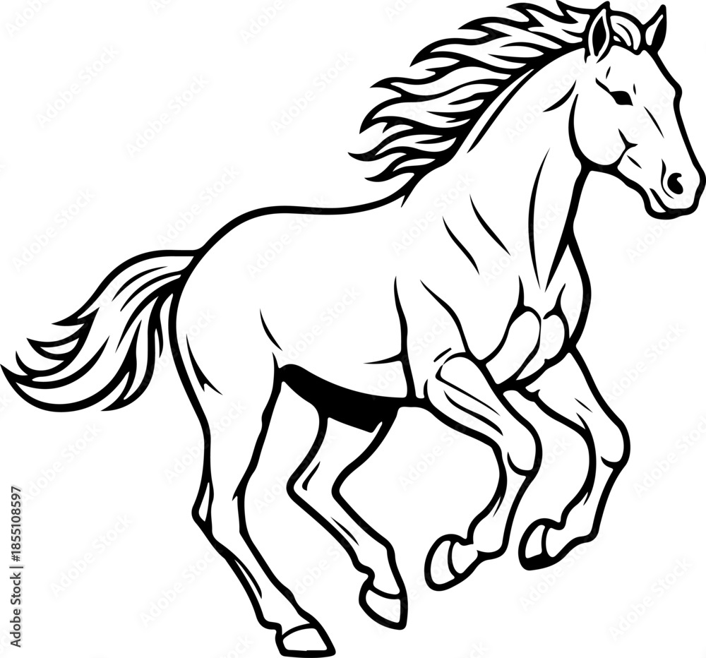 Obraz premium Elegant minimalist line art illustration of a graceful horse head in profile featuring flowing mane details isolated on a clean white background.