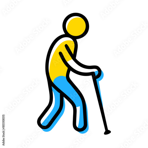 Illustration shows person using crutch, yellow blue outline, white background. Figure shows person using crutch for mobility aid, recovery, or elder support. Concept person using crutch for health.
