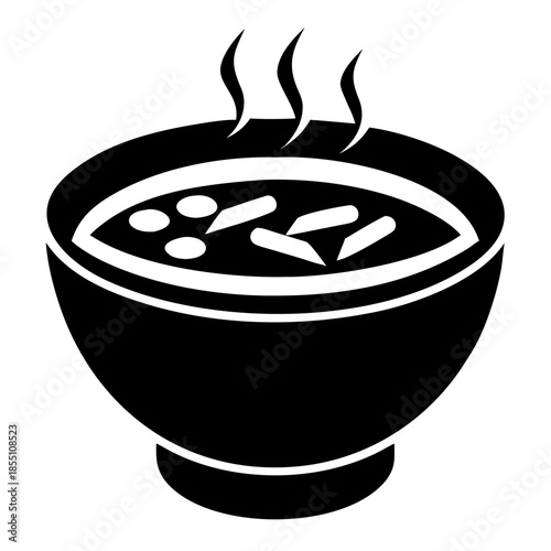 Steaming bowl of miso soup icon for restaurant menu design. Japanese bowl of miso soup graphic features traditional ingredients, rising steam for warmth.