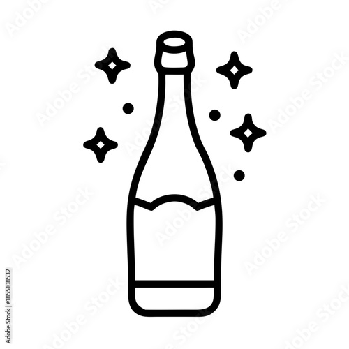 Outline illustration of sparkling cider bottle ready for celebration. Simple graphic shows festive sparkling cider bottle with effervescent stars. Use sparkling cider bottle art for invitations.