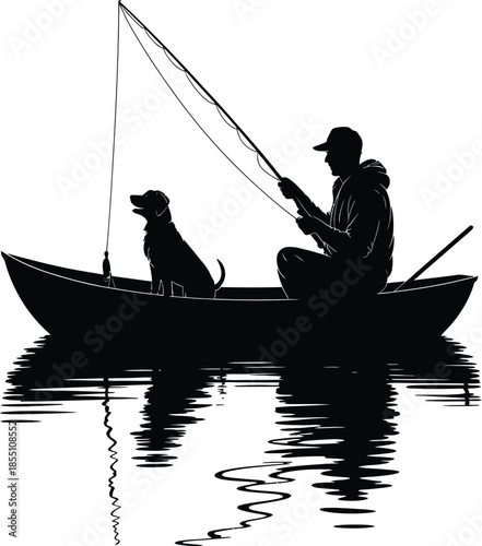 Fisherman and Dog in Rowboat