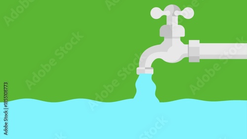 Motion Graphics Water Tap Animation with Flowing Water on Green Background for Water Conservation and Plumbing Service Concept