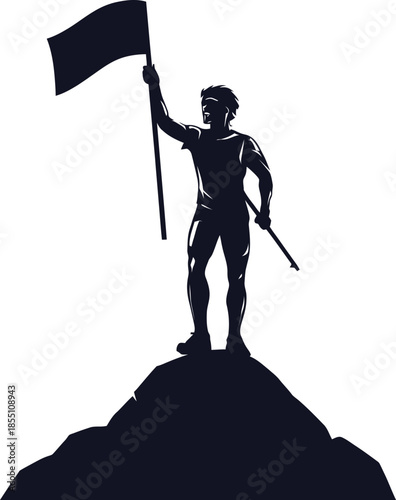 Hiker Raising Flag On Peak