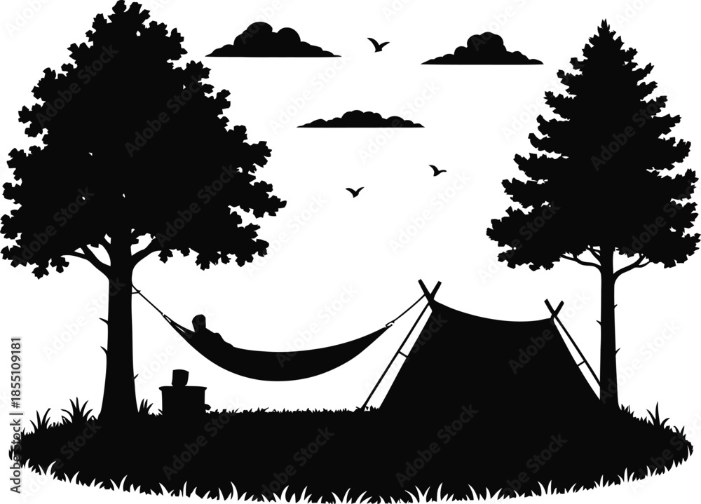 Obraz premium Man Camping With Hammock Tent