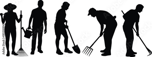 Silhouettes of diverse gardeners and farmers using professional tools like shovels rakes and watering cans for landscaping and agricultural work