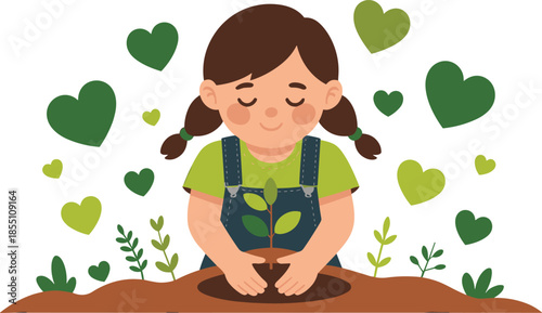 Cartoon child planting sapling, green heart symbols, environmental care clipart, nature love illustration, gardening, eco-friendly character design