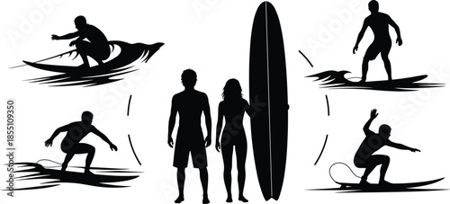 Surfing people silhouettes vector illustration surfers riding waves with surfboards standing crouching isolated on white background for summer sport design